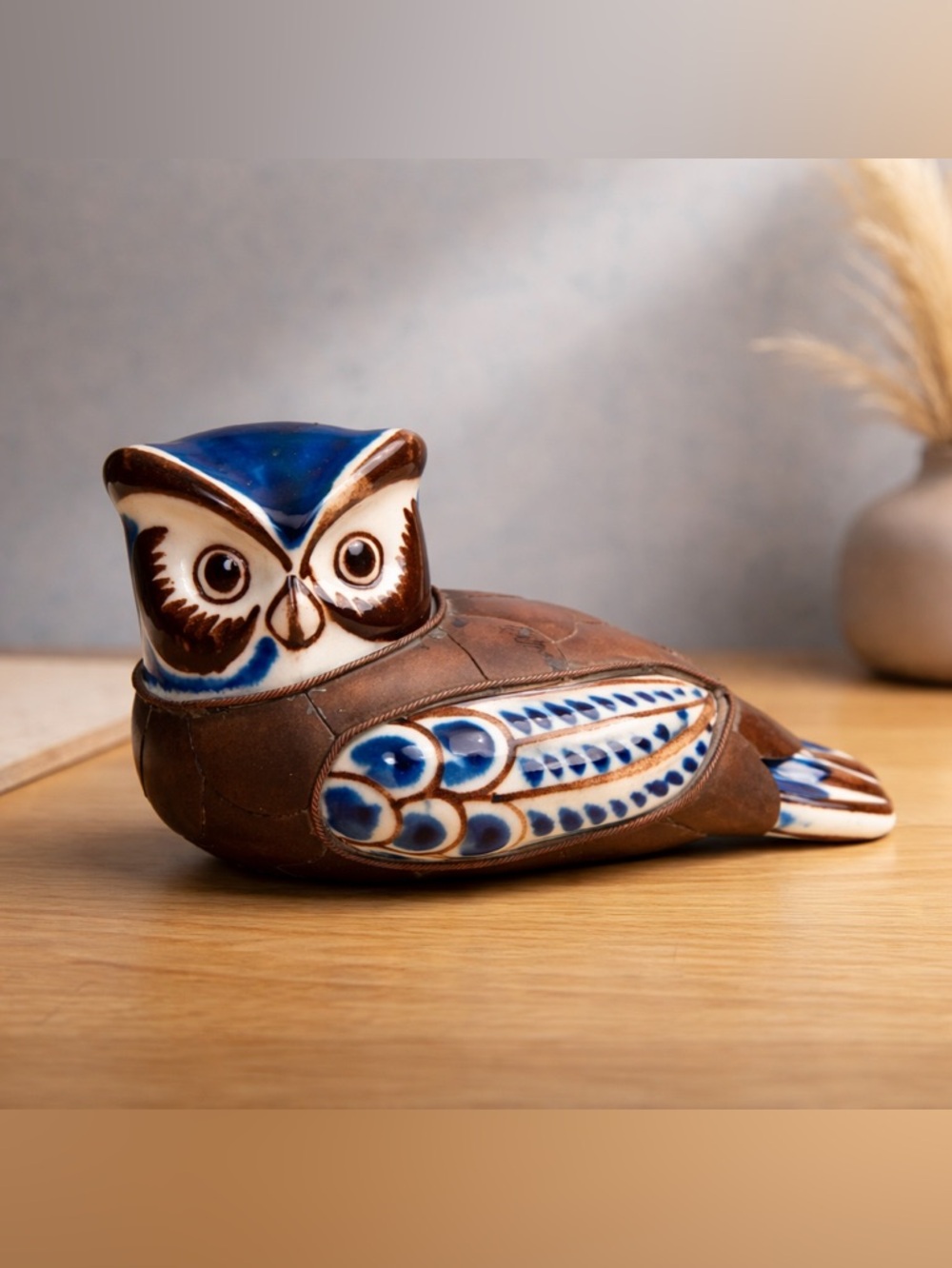Tonala MCM Sitting Owl Glass Bronze Pottery Armored Ceramic Figurine, Mexico,